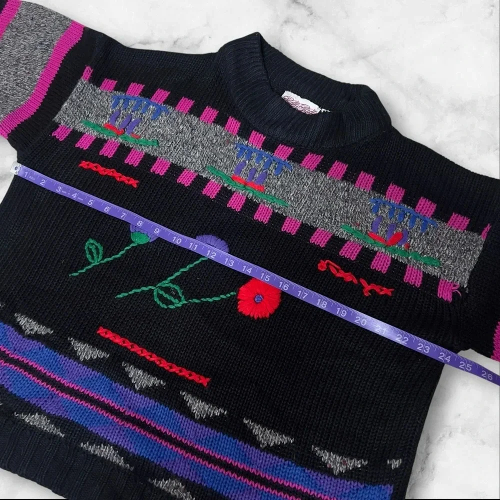 Vintage 80s Whimsigoth Floral Knit Sweater Mock Neck Artsy Grunge Pullover